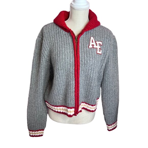American Eagle Varsity Cropped Grey Ribbed Knit Shawl Collar Zip Sweater MED NWT - Picture 1 of 10